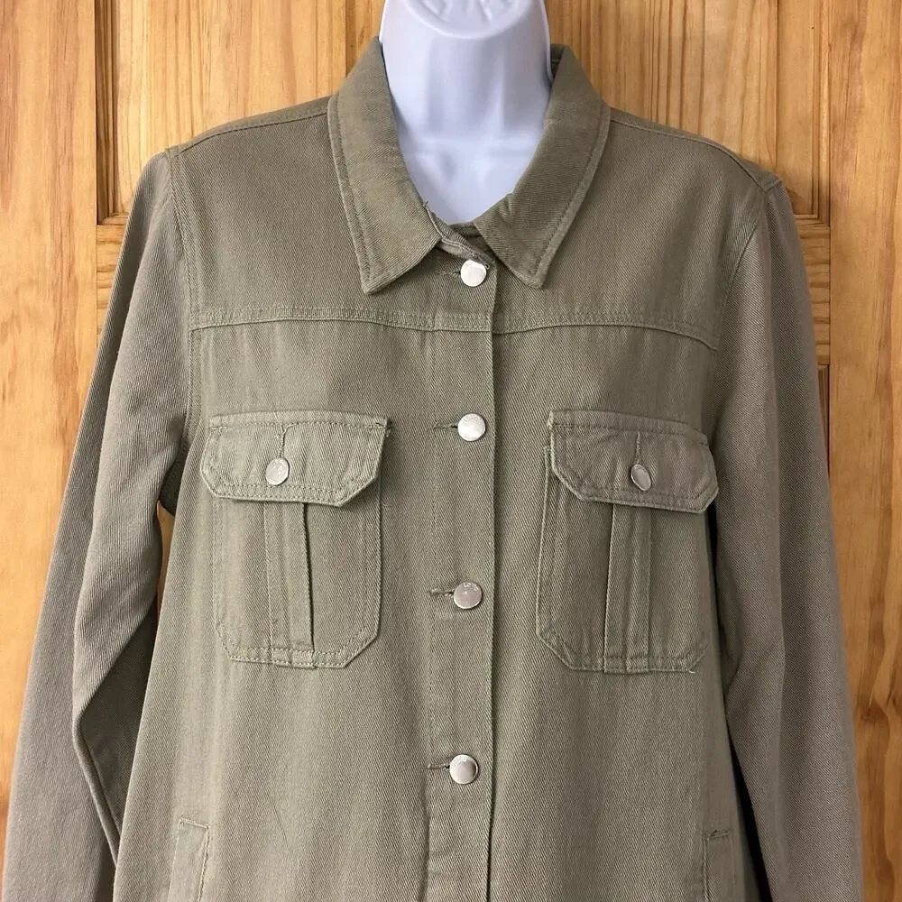 New! Lolita Women’s Sz Lg Olive Green Denim Button Jacket Or Dress, Six Pockets